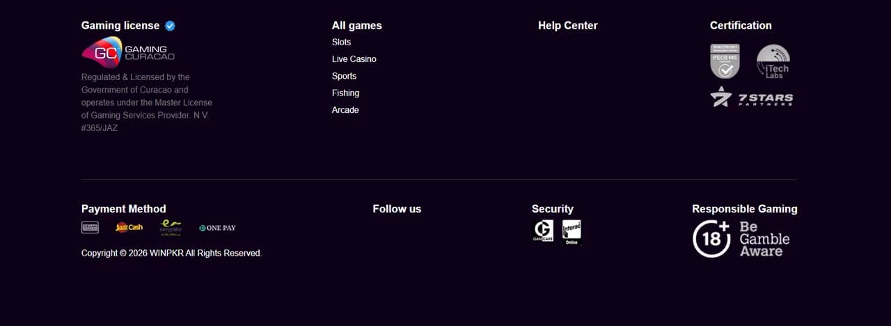 WINPKR license screenshot showing Gaming Curacao certification, JazzCash and Easypaisa payment methods