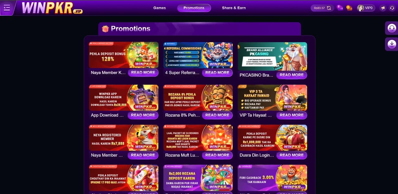 WINPKR app screenshot of promotions page showing 128% first deposit bonus and daily rewards in Pakistan